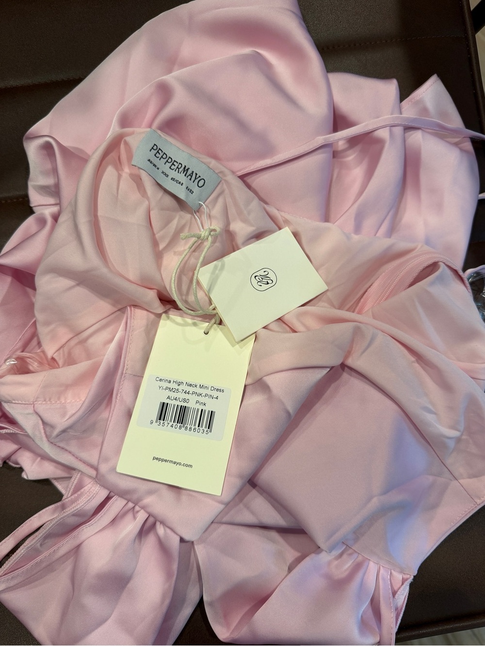 Peppermayo Pink Satin High-Neck Mini Dress with Draped Back Panel - Picture 3 of 3